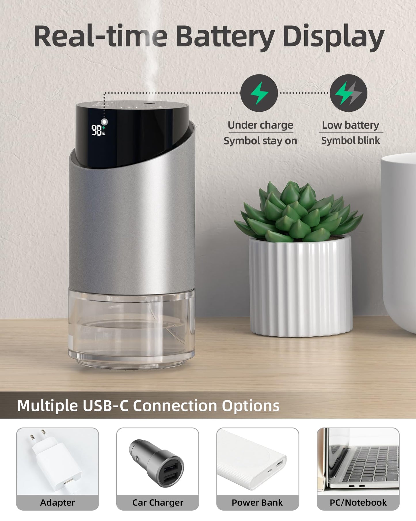 Waterless Essential Oil Diffuser – Silver, 100ml, 4 Timers, 3 Mist Levels, Cordless Car & Home Aromatherapy