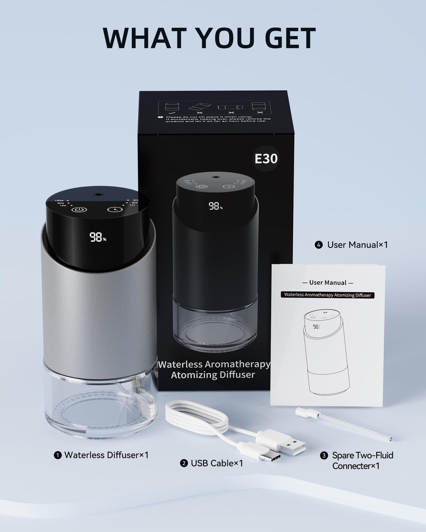 Waterless Essential Oil Diffuser – Silver, 100ml, 4 Timers, 3 Mist Levels, Cordless Car & Home Aromatherapy