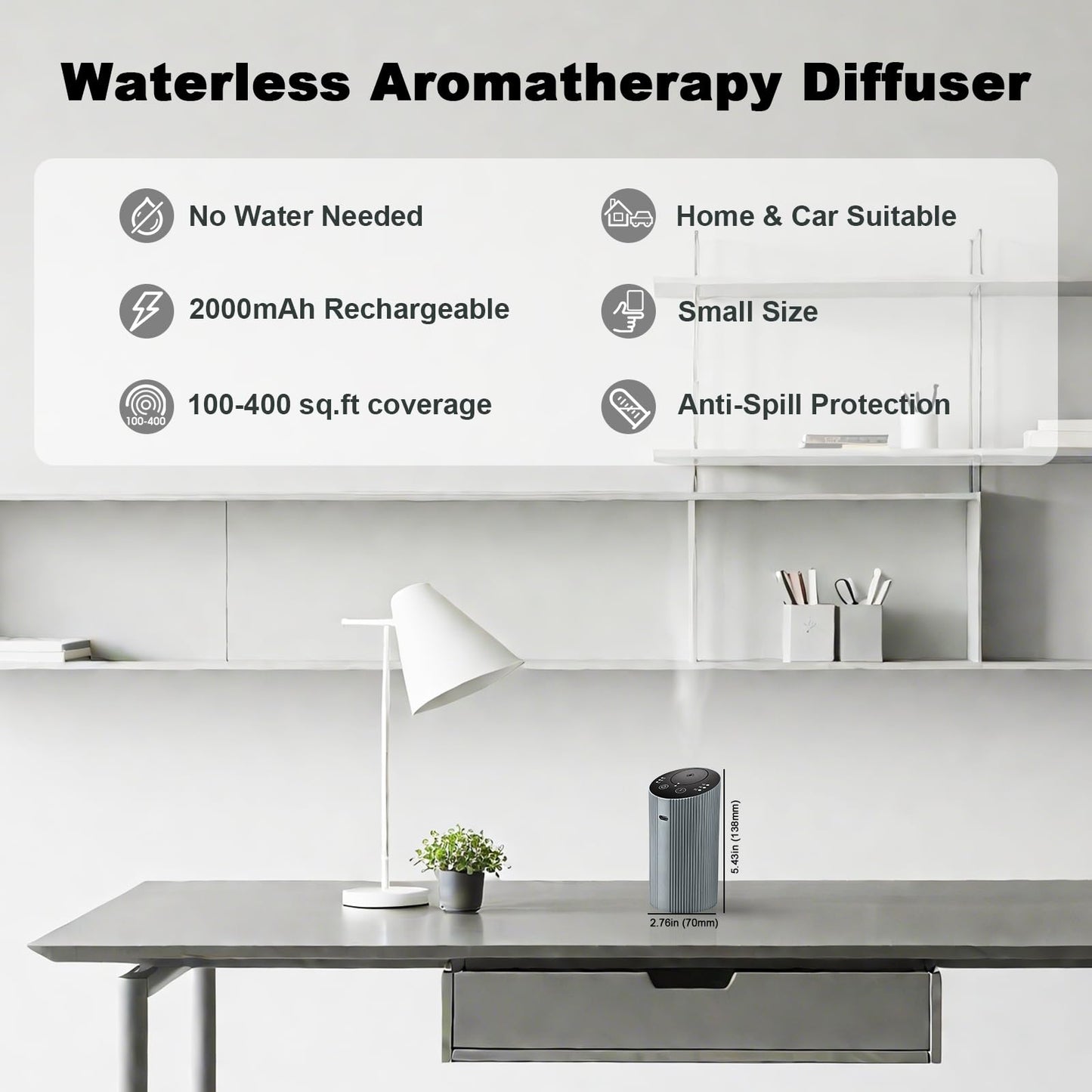Waterless Essential Oil Diffuser – Portable Rechargeable Aroma Diffuser (4 Timers, 3 Mist Levels) Silver Grey