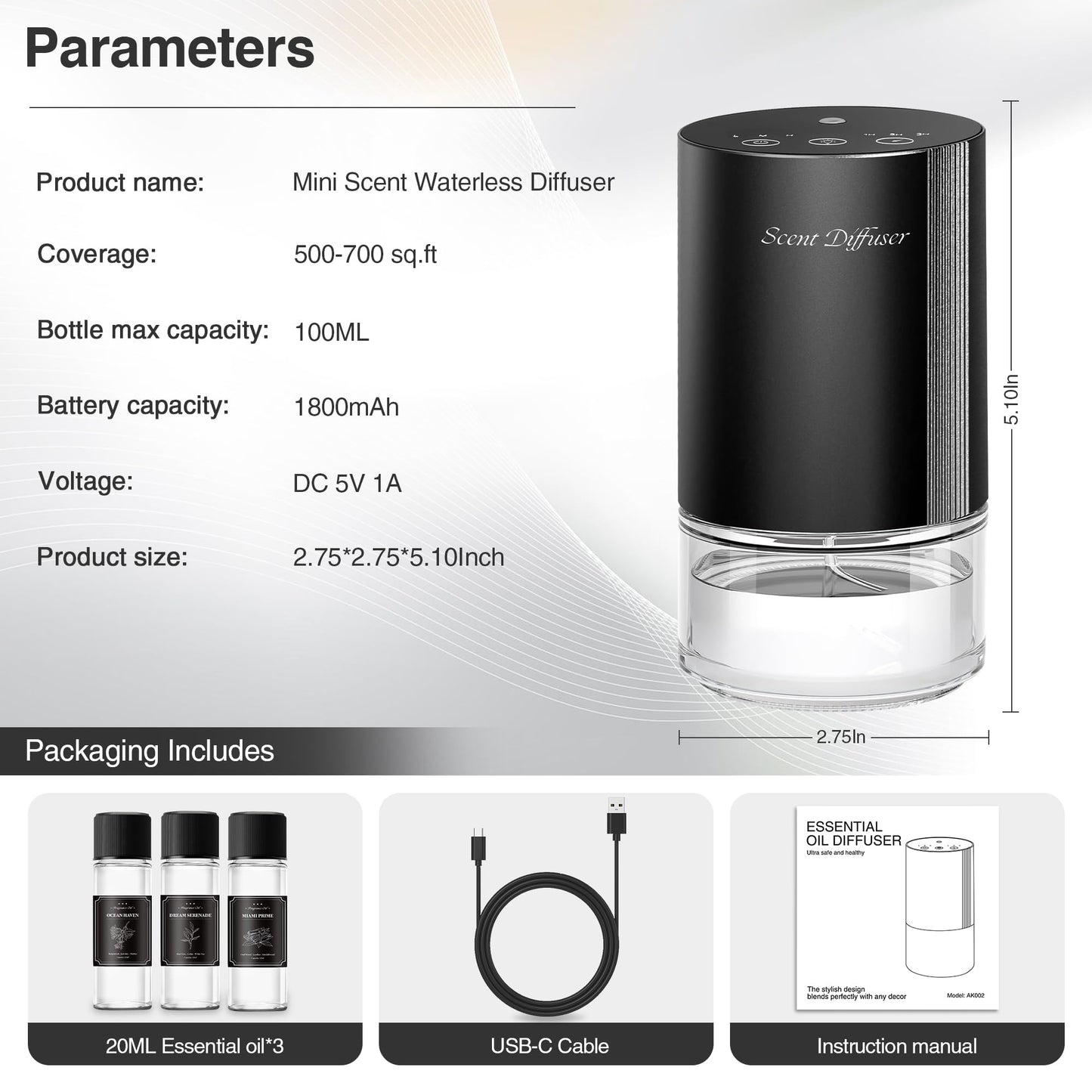 Waterless Essential Oil Diffuser Starter Kit – 3x20ml Oils, Battery Operated, 7-Color Light, 100ml, Black