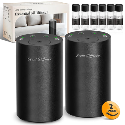 Waterless Essential Oil Diffuser Starter Kit - 2 Pack, Battery Operated, No Water Needed, 3x20ml Oils, Matte Black