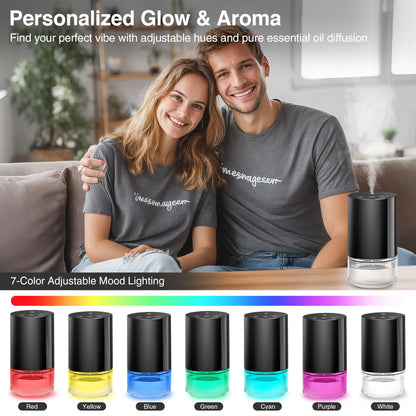 Waterless Essential Oil Diffuser Starter Kit – 3x20ml Oils, Battery Operated, 7-Color Light, 100ml, Black