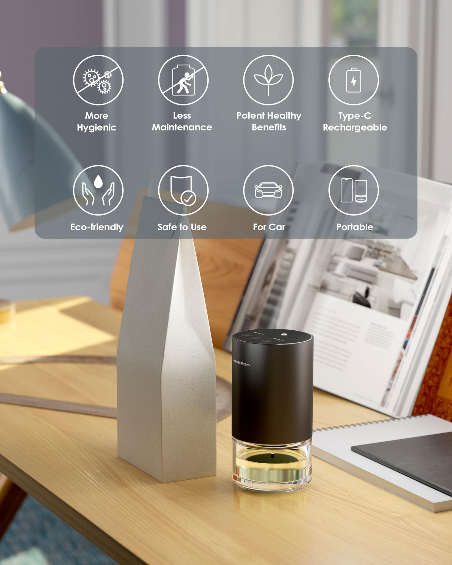 Waterless Essential Oil Diffuser Starter Kit – 30mL Fragrance Oil, Battery-Operated, Black AN9