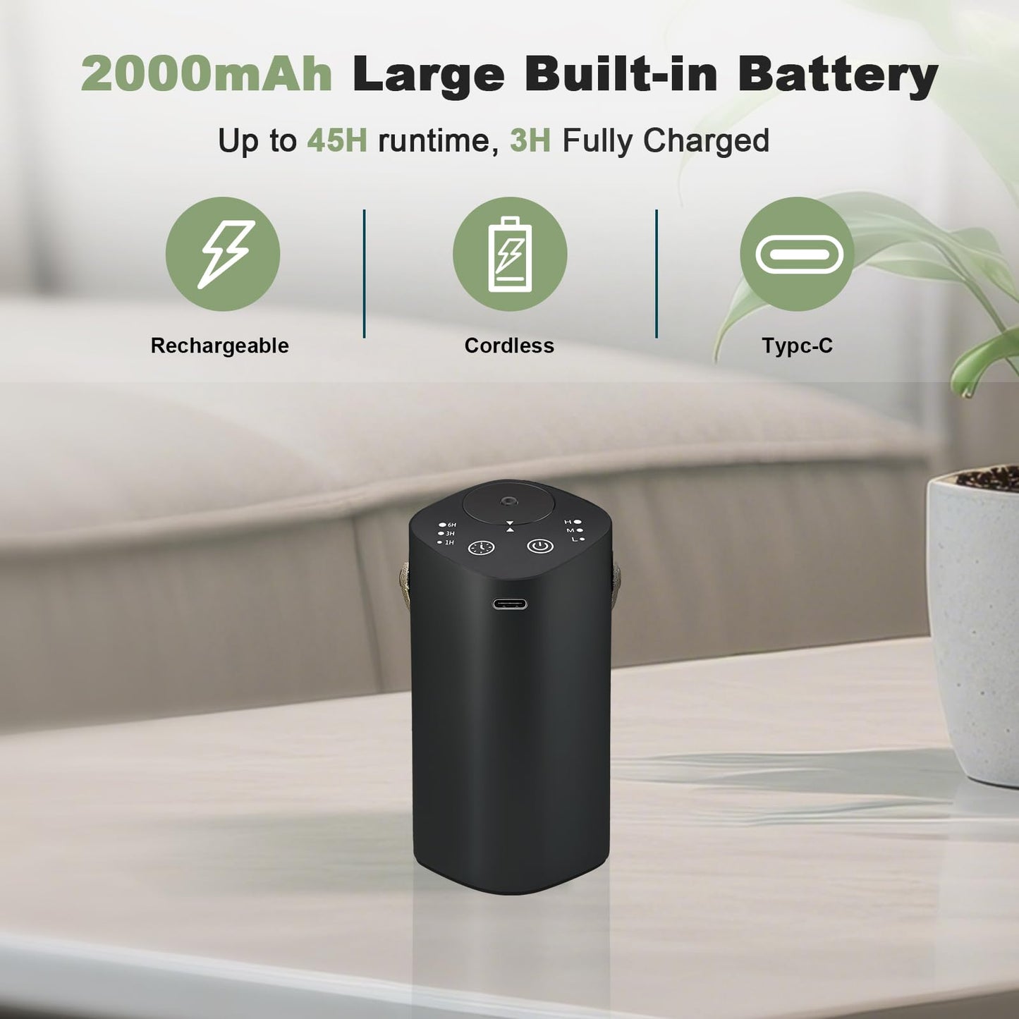 Waterless Essential Oil Diffuser with Handle – Portable Cordless Aroma Diffuser for Car, Home, Office, Bathroom | Black