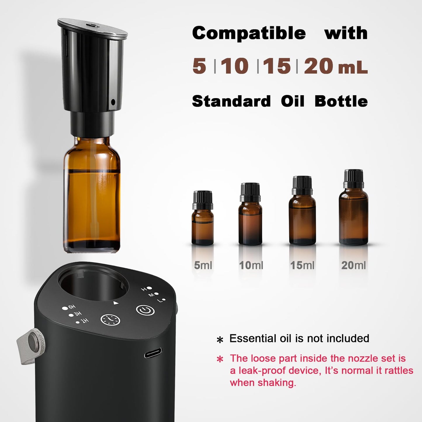 Waterless Essential Oil Diffuser with Handle – Portable Cordless Aroma Diffuser for Car, Home, Office, Bathroom | Black