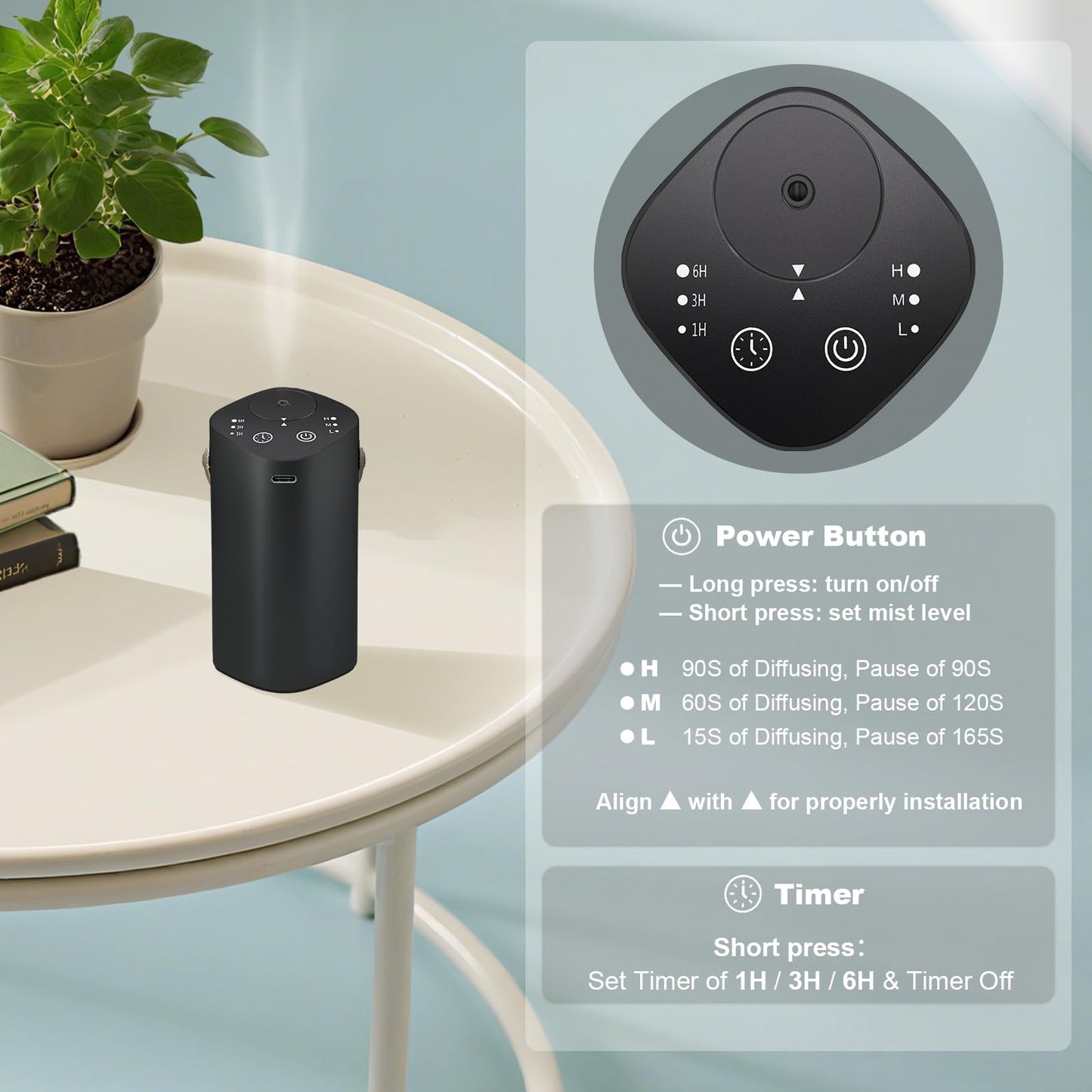 Waterless Essential Oil Diffuser with Handle – Portable Cordless Aroma Diffuser for Car, Home, Office, Bathroom | Black
