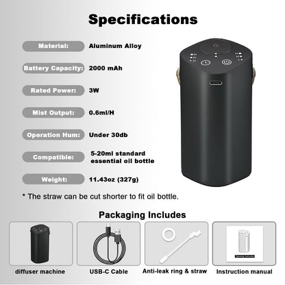Waterless Essential Oil Diffuser with Handle – Portable Cordless Aroma Diffuser for Car, Home, Office, Bathroom | Black