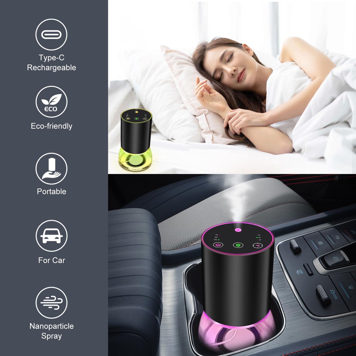 Waterless Essential Oil Diffuser - Portable Nano Mist (Black-Glass)