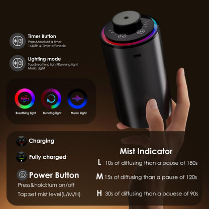 Waterless Essential Oil Diffuser – Portable Aromatherapy with Light Show (3 Timers) Black