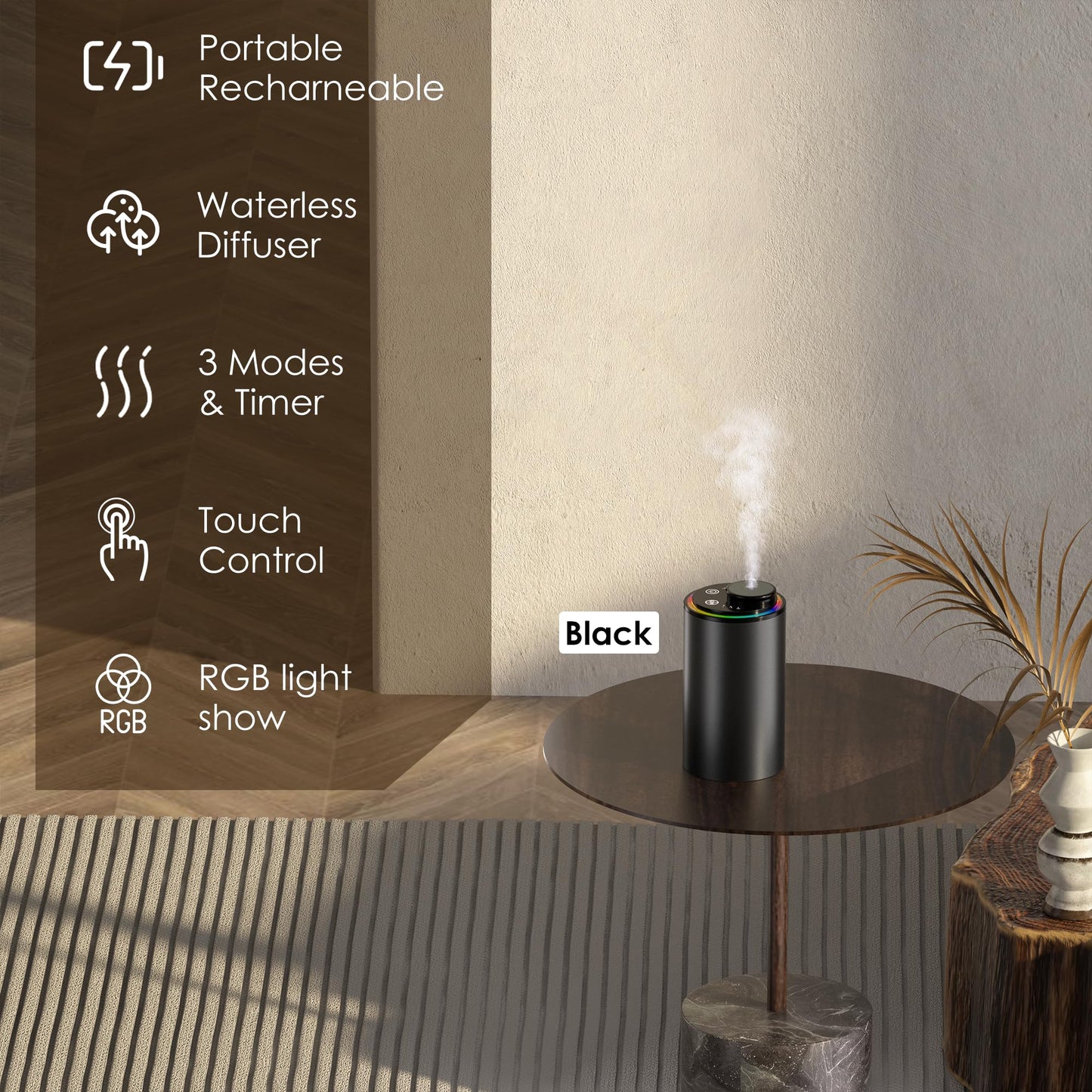 Waterless Essential Oil Diffuser – Portable Aromatherapy with Light Show (3 Timers) Black