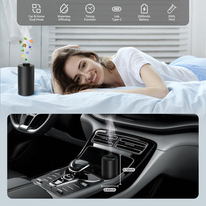 Waterless Battery-Powered Essential Oil Diffuser for Car – 3 Mist Levels, USB-C, Black Aluminum Alloy