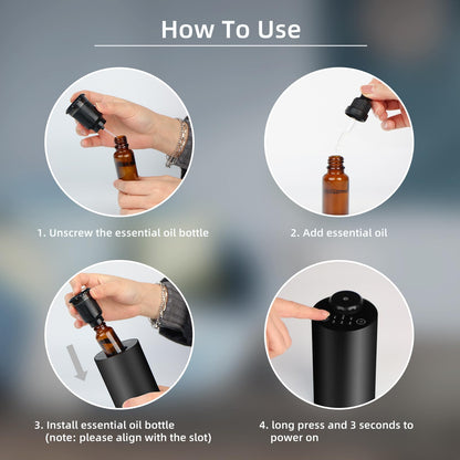 Waterless Battery-Powered Essential Oil Diffuser for Car – 3 Mist Levels, USB-C, Black Aluminum Alloy