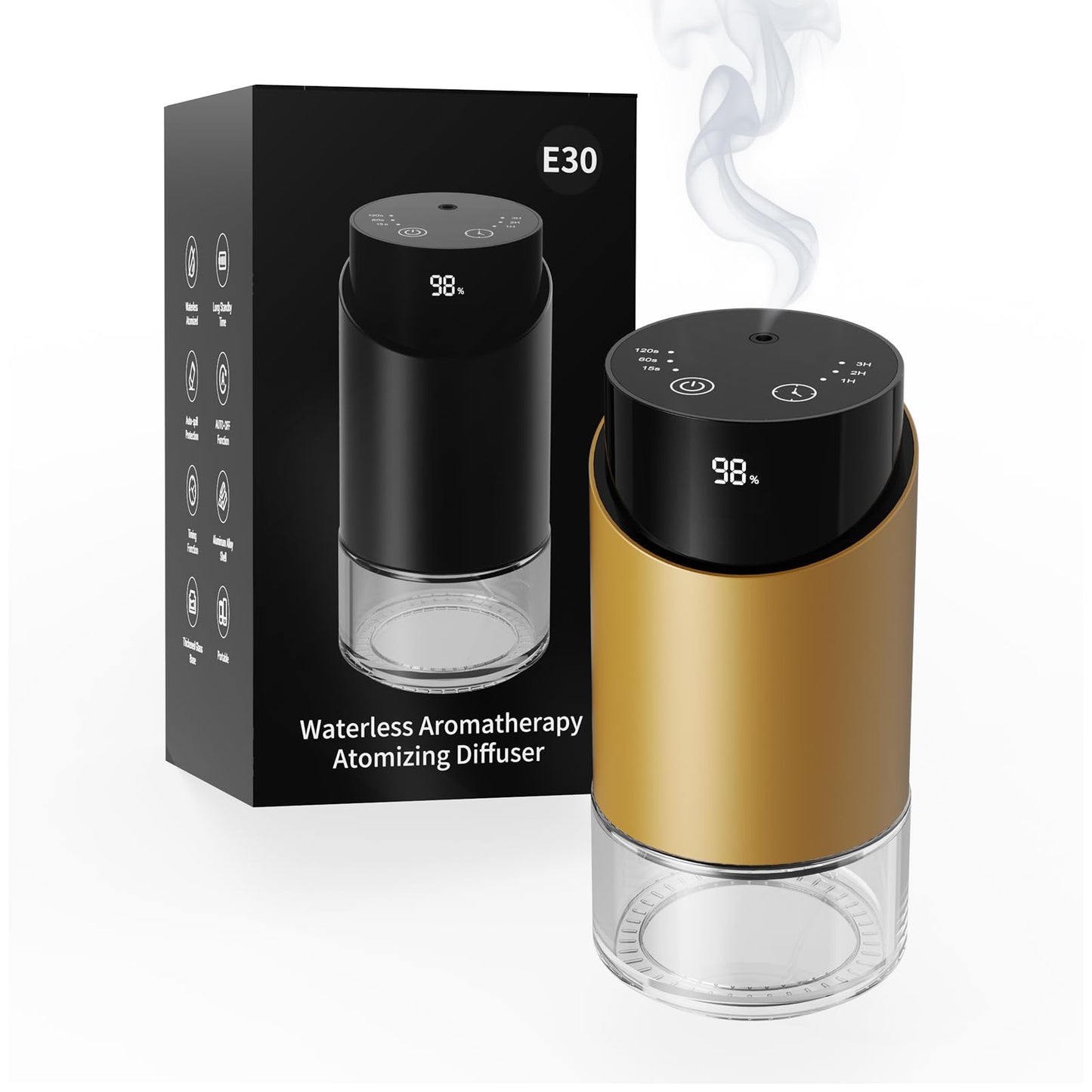 Waterless Essential Oil Diffuser – 100ml, 4 Timers, 3 Mist Levels, Battery Powered, Golden