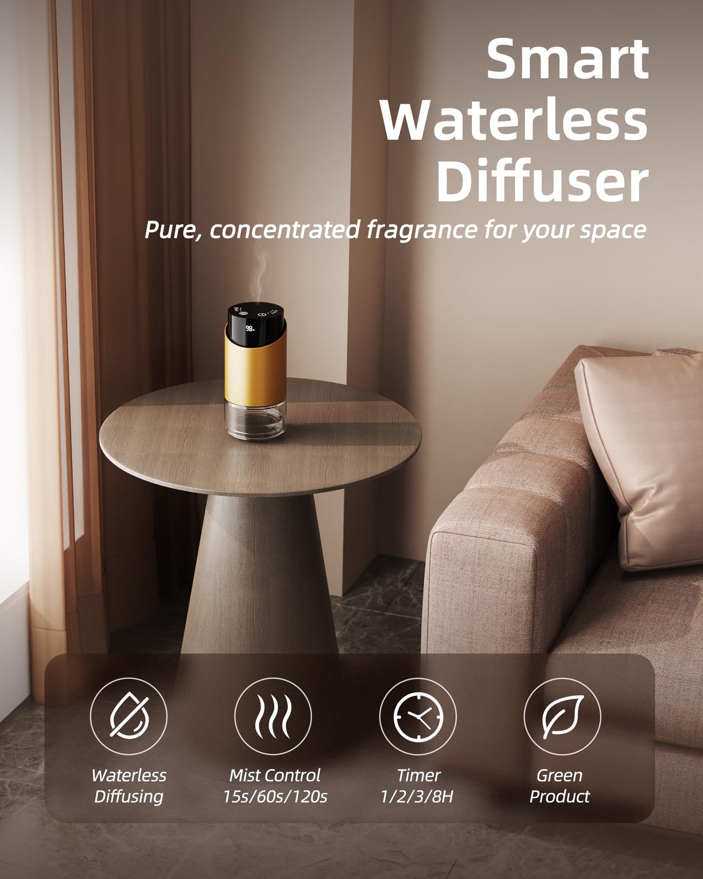 Waterless Essential Oil Diffuser – 100ml, 4 Timers, 3 Mist Levels, Battery Powered, Golden