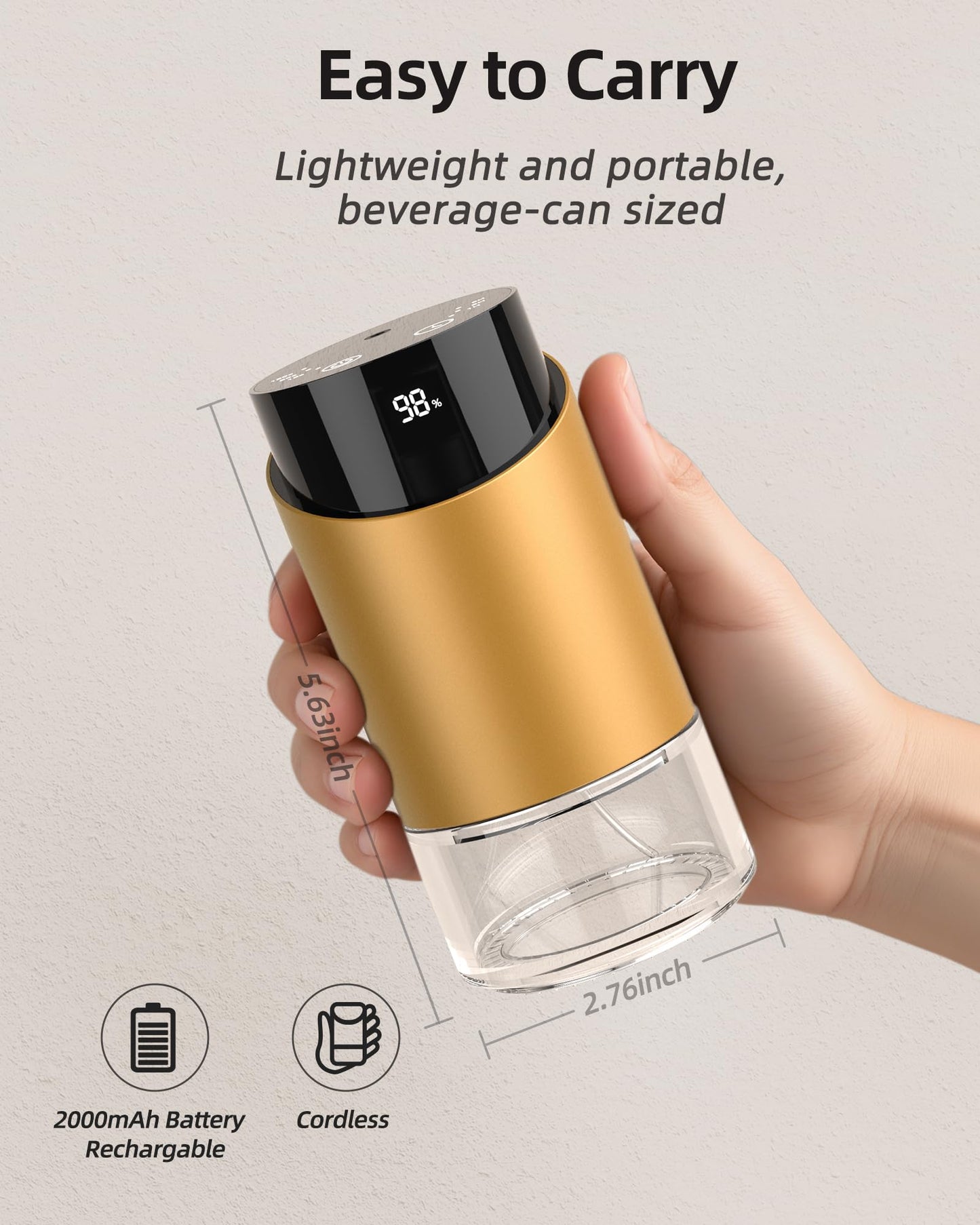 Waterless Essential Oil Diffuser – 100ml, 4 Timers, 3 Mist Levels, Battery Powered, Golden