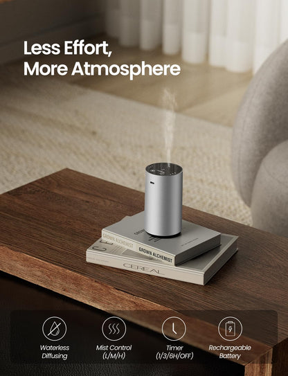 Waterless Essential Oil Diffuser - Rechargeable, 3 Mist Levels, 48h Battery, Silver