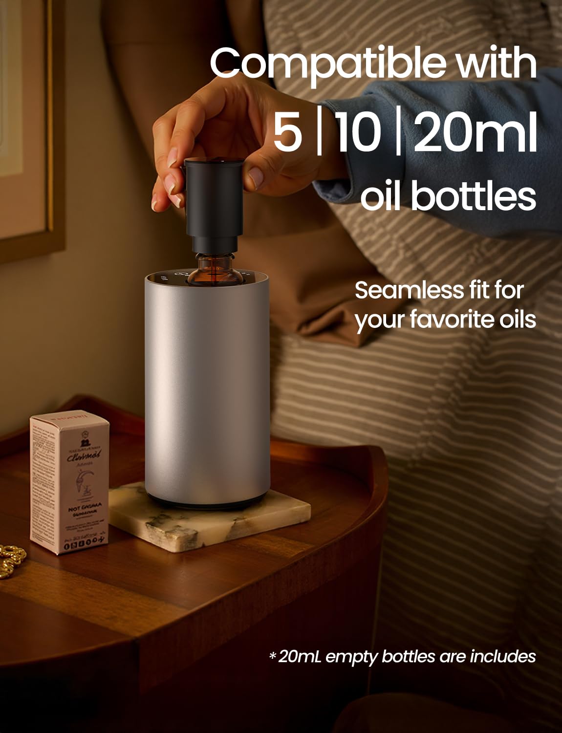 Waterless Essential Oil Diffuser - Rechargeable, 3 Mist Levels, 48h Battery, Silver