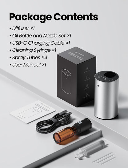 Waterless Essential Oil Diffuser - Rechargeable, 3 Mist Levels, 48h Battery, Silver