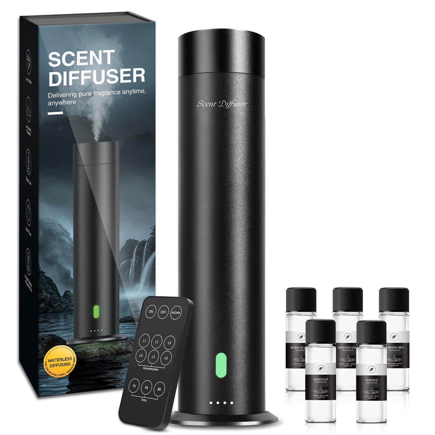Waterless Scent Diffuser Starter Kit – 1000 Sq Ft Coverage, Black, 11.3 in, Remote, Includes 5 Oils