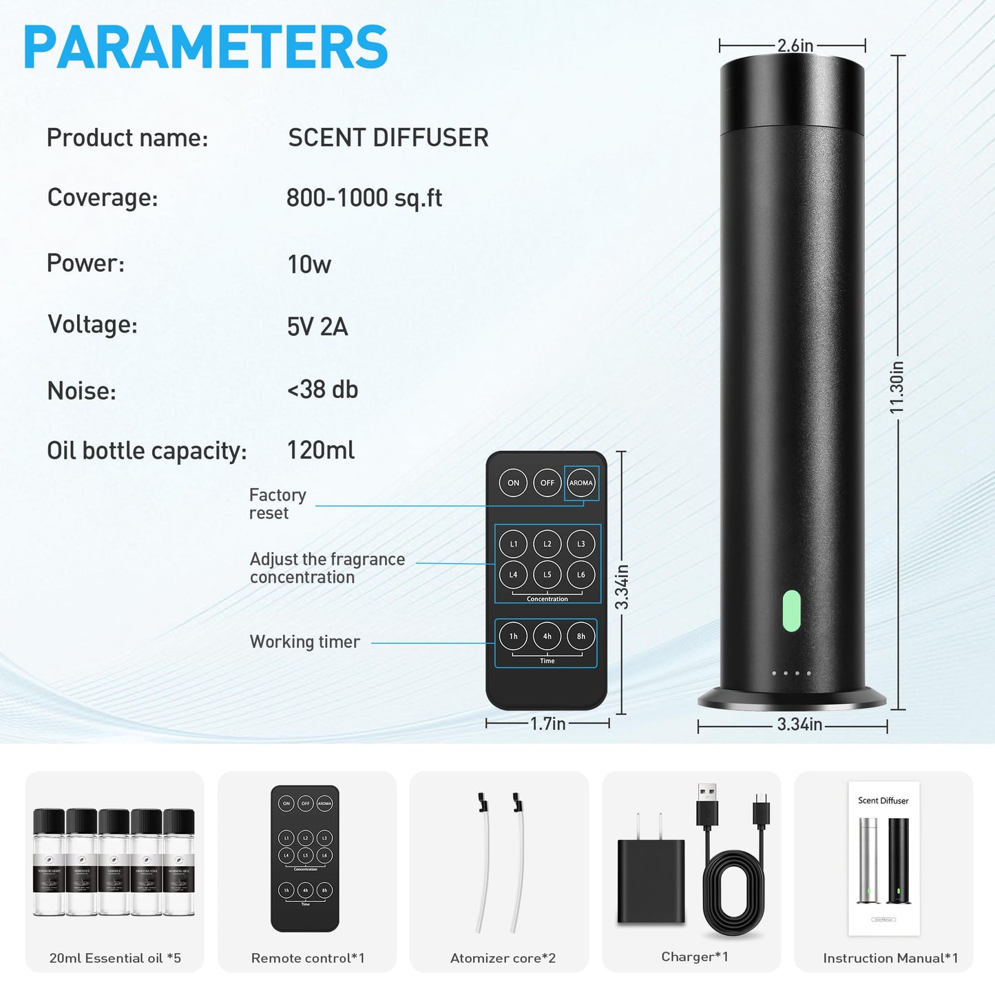 Waterless Scent Diffuser Starter Kit – 1000 Sq Ft Coverage, Black, 11.3 in, Remote, Includes 5 Oils
