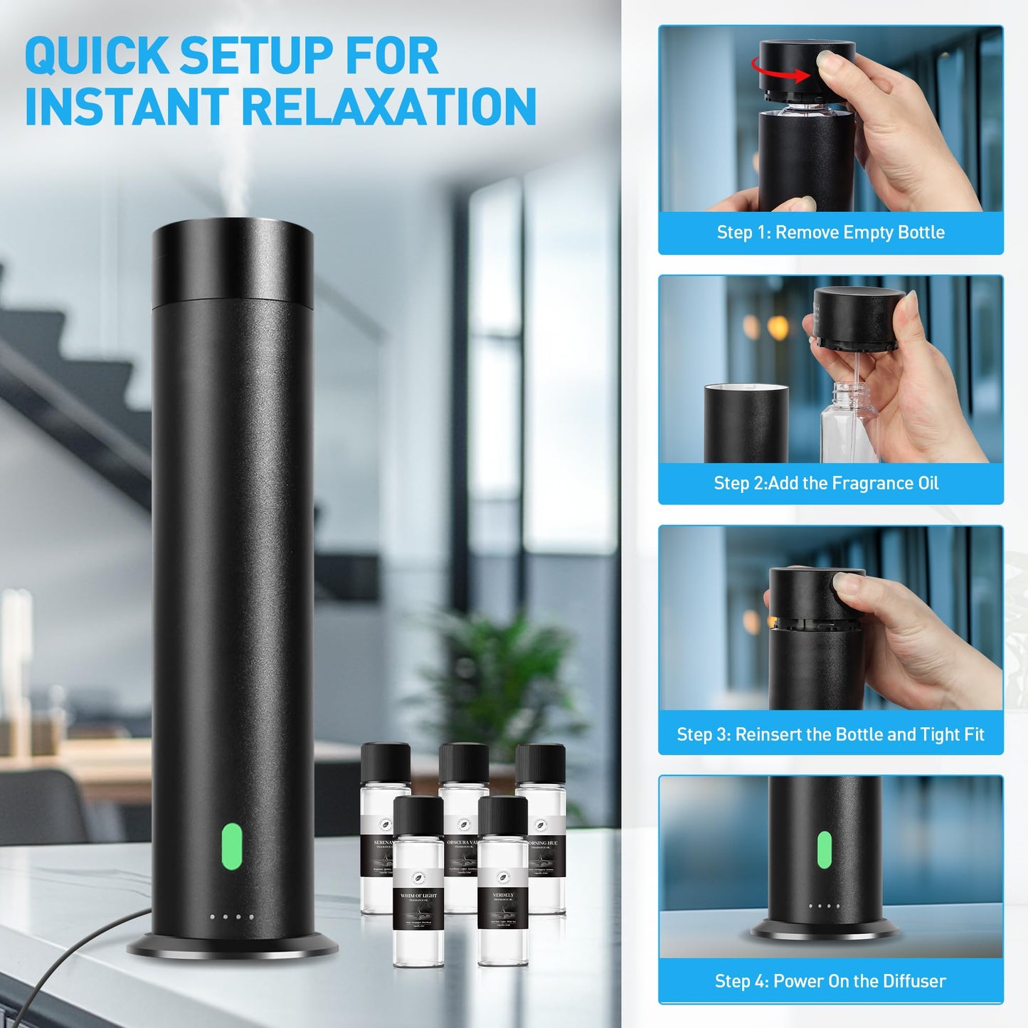 Waterless Scent Diffuser Starter Kit – 1000 Sq Ft Coverage, Black, 11.3 in, Remote, Includes 5 Oils