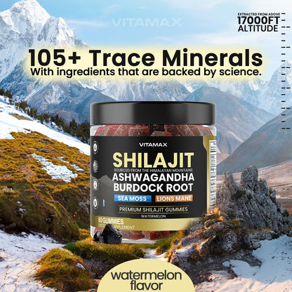 Organic Shilajit Gummies with Sea Moss & Ashwagandha – Watermelon Flavor, 60ct – Vegan, Non-GMO, Made in USA