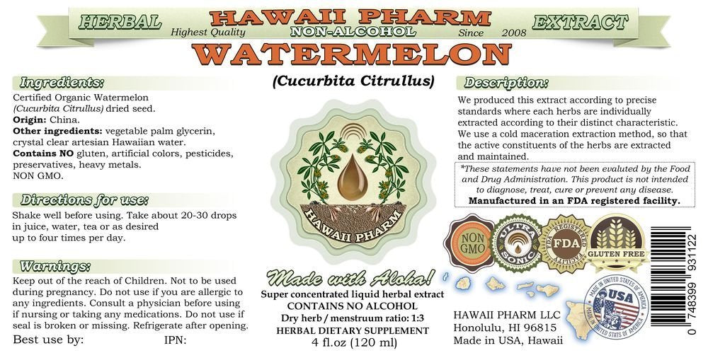 Watermelon Seed NON-Alcohol Liquid Extract (Cucurbita Citrullus) Glycerite - Hawaii Pharm USA 2 fl oz