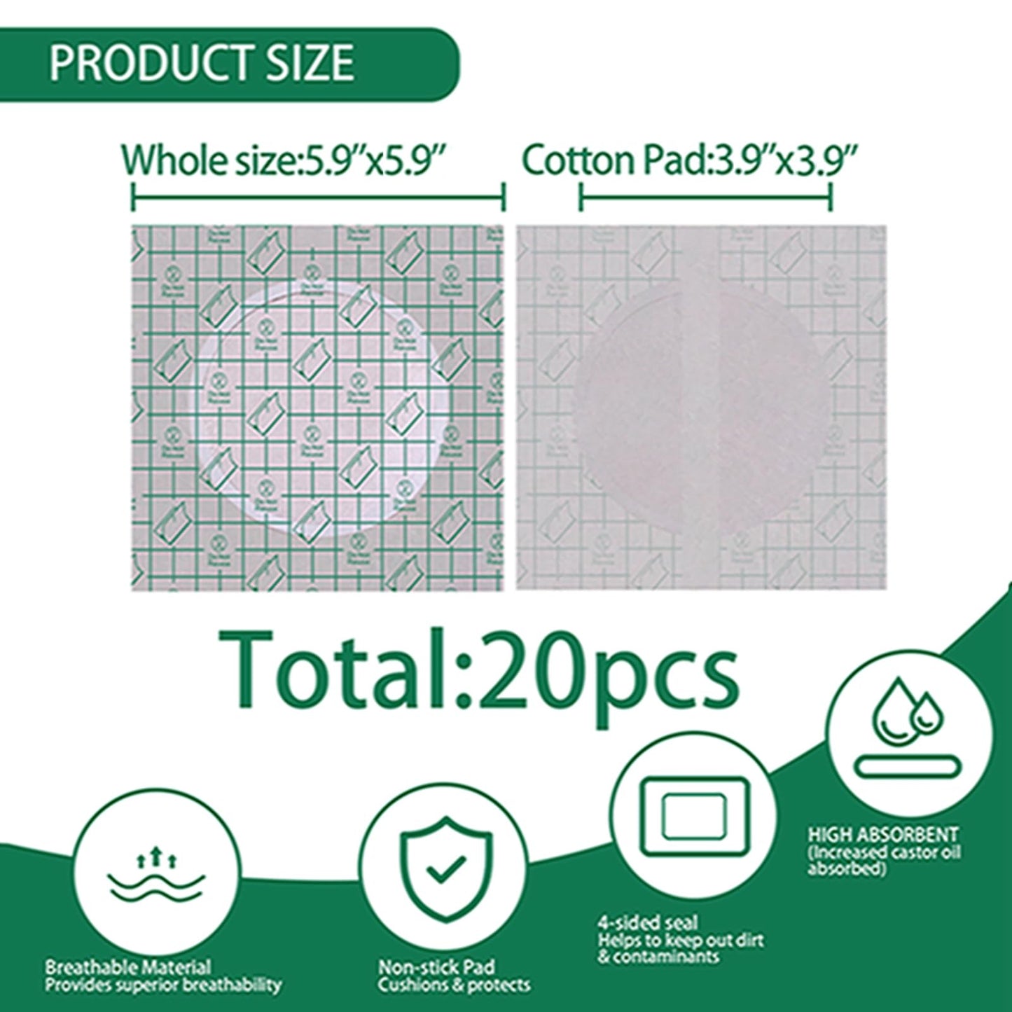 Waterproof Castor Oil Patch Wrap – 20 Pcs, 5.9x5.9in, Self-Adhesive Organic Cotton