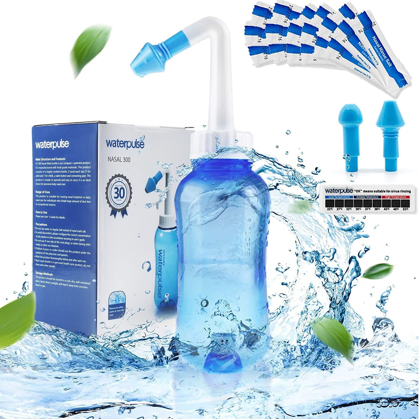 Waterpulse Neti Pot & Nasal Rinse Bottle — 300ml, 30 Salt Packets, Thermometer Sticker (Blue)