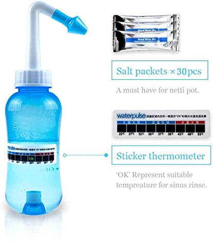 Waterpulse Neti Pot & Nasal Rinse Bottle — 300ml, 30 Salt Packets, Thermometer Sticker (Blue)