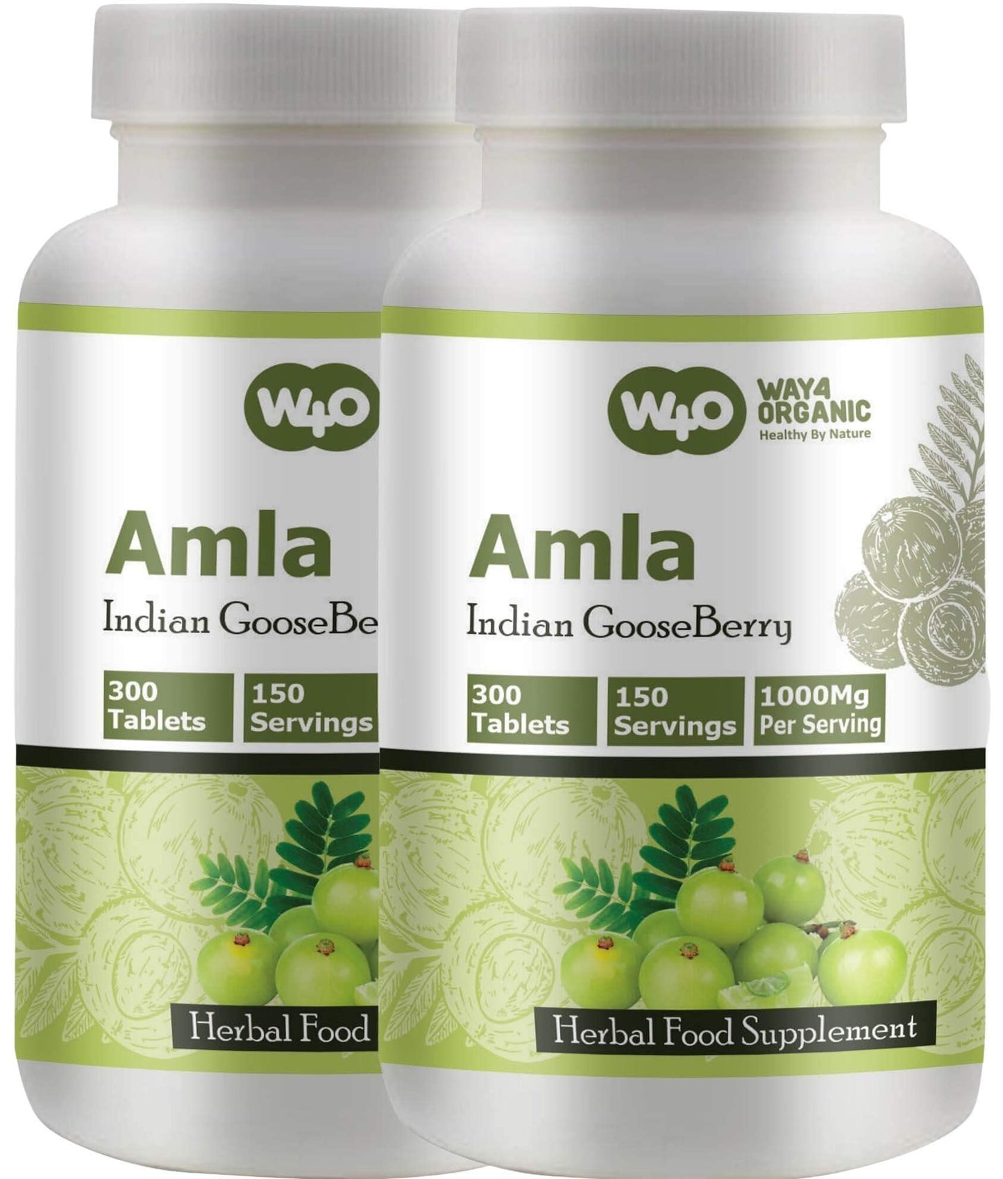 WAY 4 ORGANIC W4O Amla Fruit Extract Capsules (Tablets) - 300 Pills, 150 Servings, 1000 mg, Amalaki Fruit (Pack of 2)