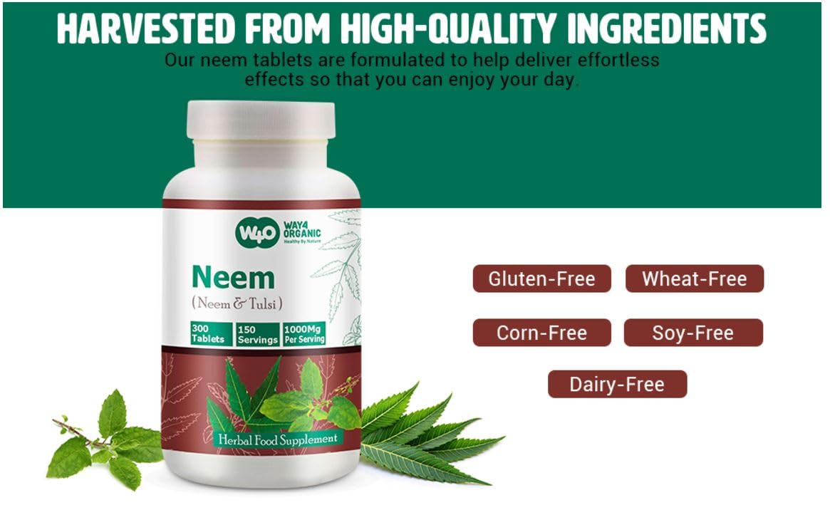 WAY 4 Organic W4O Neem Tulsi Tablets – 300 Pills, 150 Servings, 1000 mg, Equal Neem & Tulsi (Pack of 2)