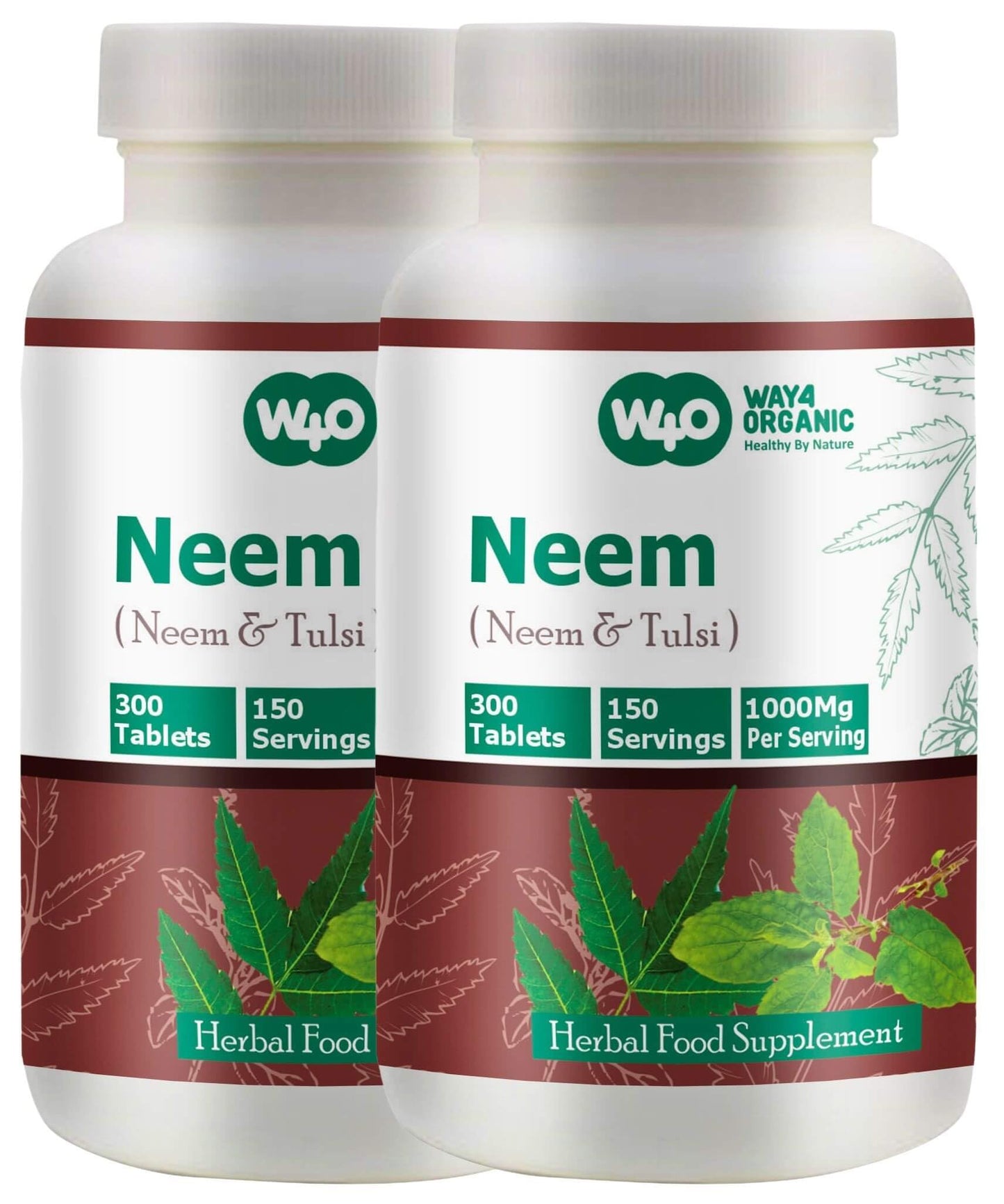 WAY 4 Organic W4O Neem Tulsi Tablets – 300 Pills, 150 Servings, 1000 mg, Equal Neem & Tulsi (Pack of 2)