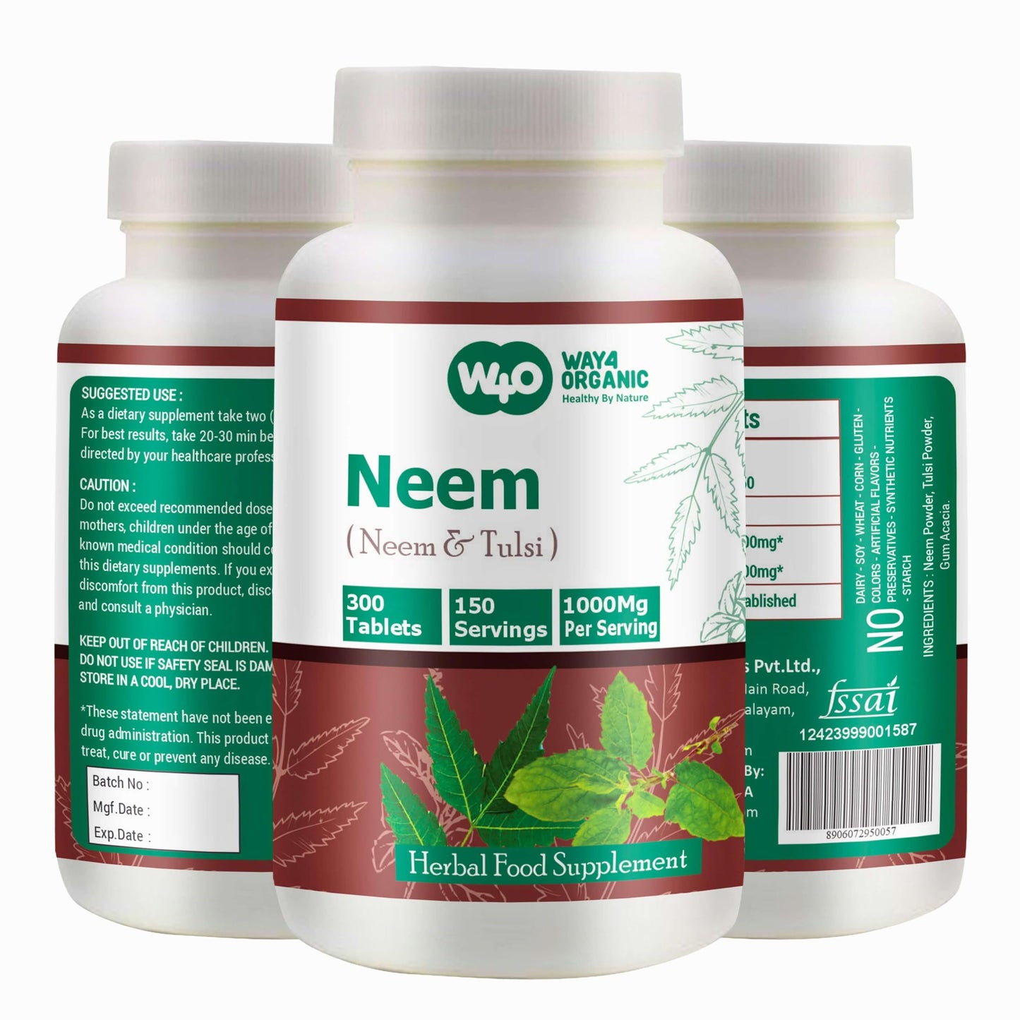 WAY 4 Organic W4O Neem Tulsi Tablets – 300 Pills, 150 Servings, 1000 mg, Equal Neem & Tulsi (Pack of 2)