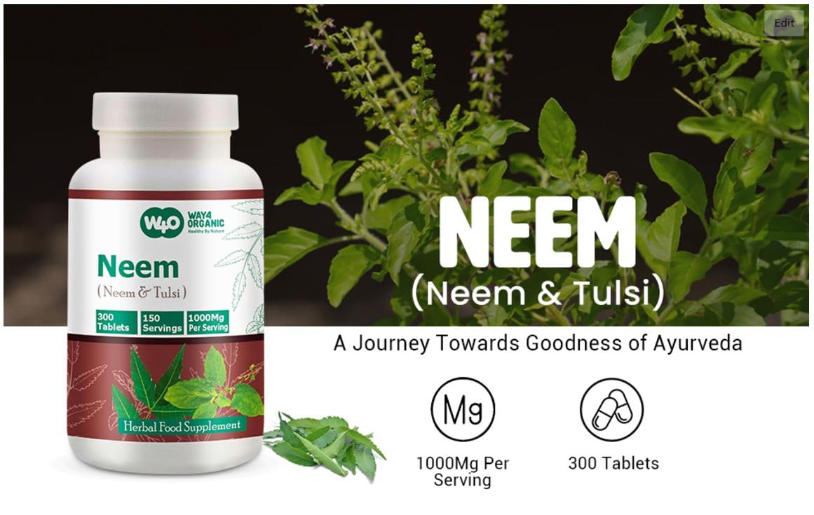 WAY 4 Organic W4O Neem Tulsi Tablets – 300 Pills, 150 Servings, 1000 mg, Equal Neem & Tulsi (Pack of 2)