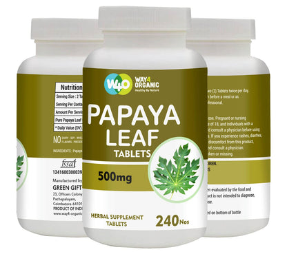WAY 4 Organic W4O Papaya Leaf Extract Capsules (Tablets) 500 mg – 240 Pills – Supports Platelet Immunity & Digestion – 60 Days Supply