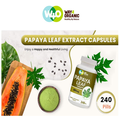 WAY 4 Organic W4O Papaya Leaf Extract Capsules (Tablets) 500 mg – 240 Pills – Supports Platelet Immunity & Digestion – 60 Days Supply