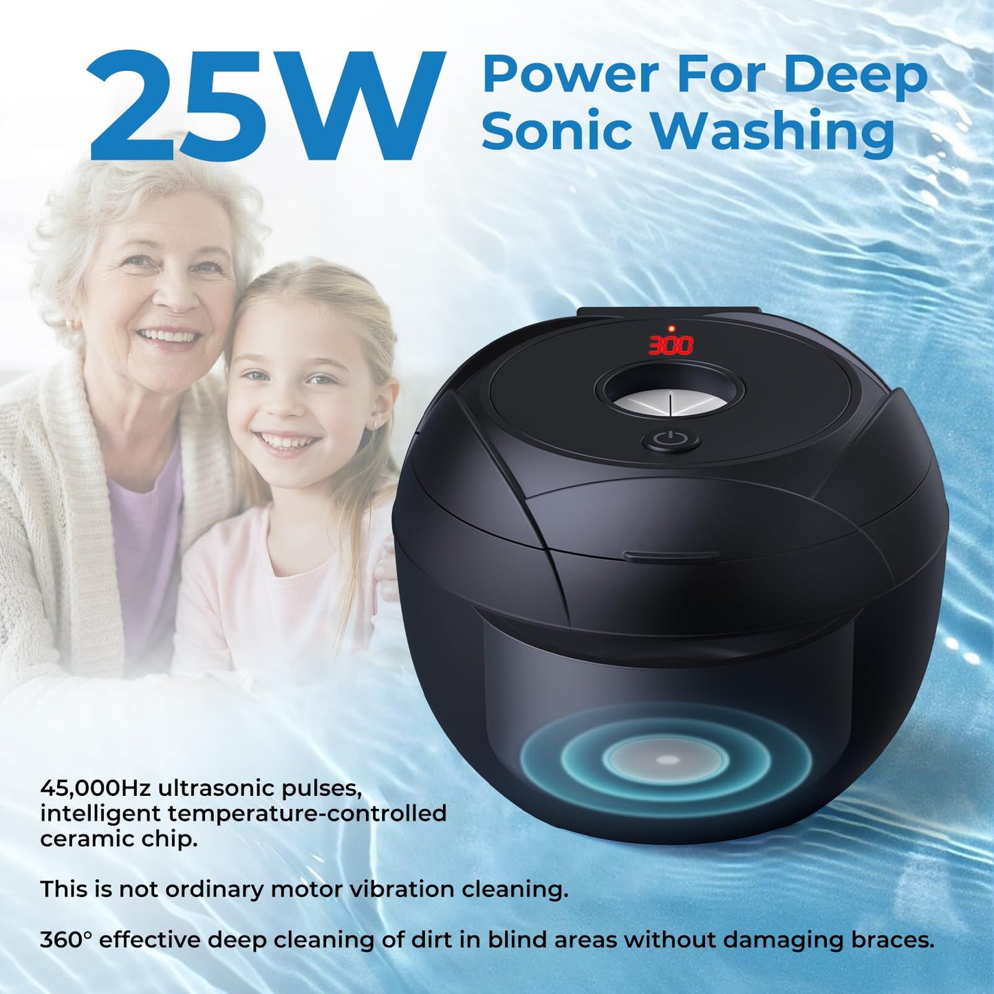 Wazhel Ultrasonic Retainer Cleaner Machine 45kHz 200ml Black — Dentures Mouth Guards Aligner Braces