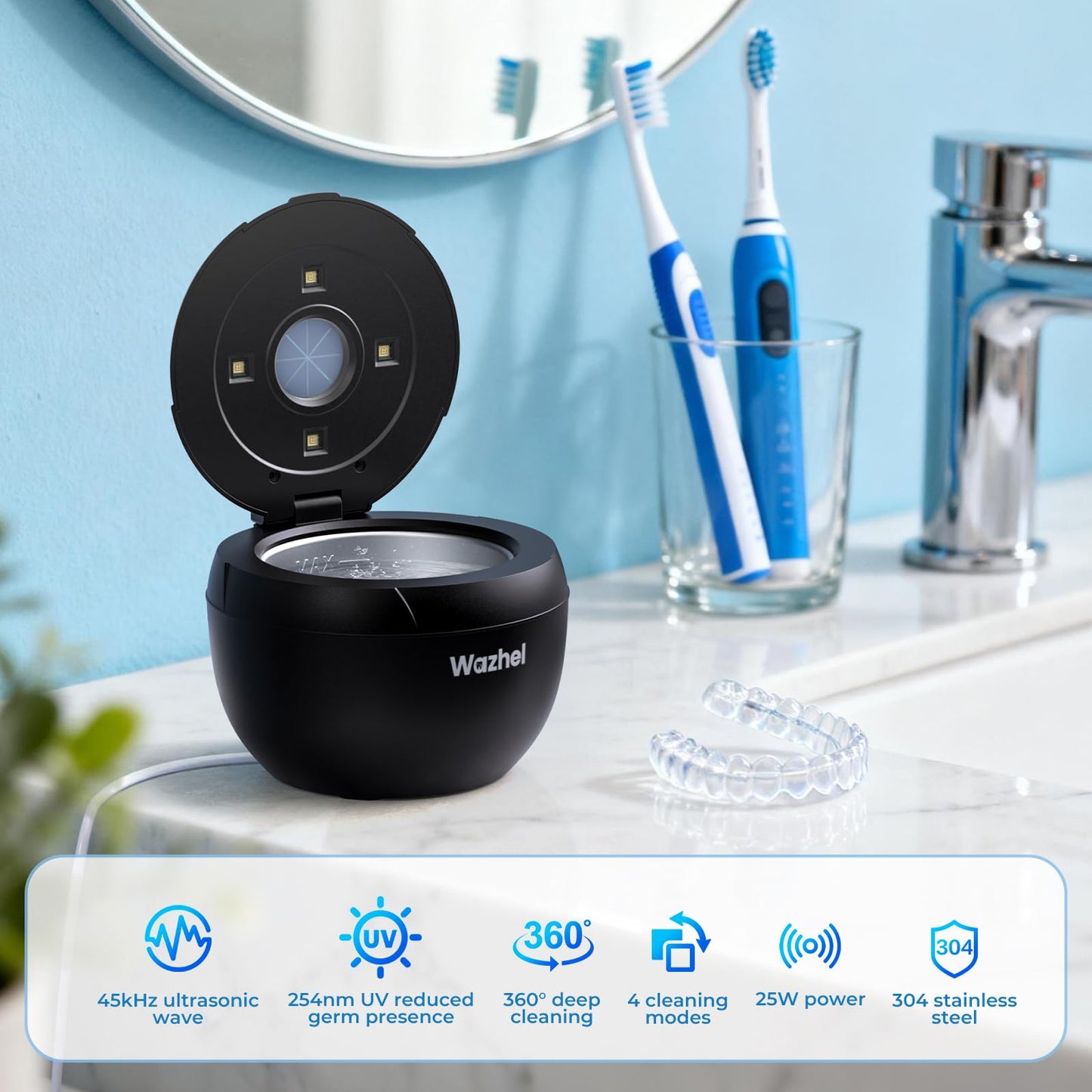 Wazhel Ultrasonic Retainer Cleaner Machine 45kHz 200ml Black — Dentures Mouth Guards Aligner Braces