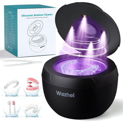Wazhel Ultrasonic Retainer Cleaner Machine 45kHz 200ml Black — Dentures Mouth Guards Aligner Braces