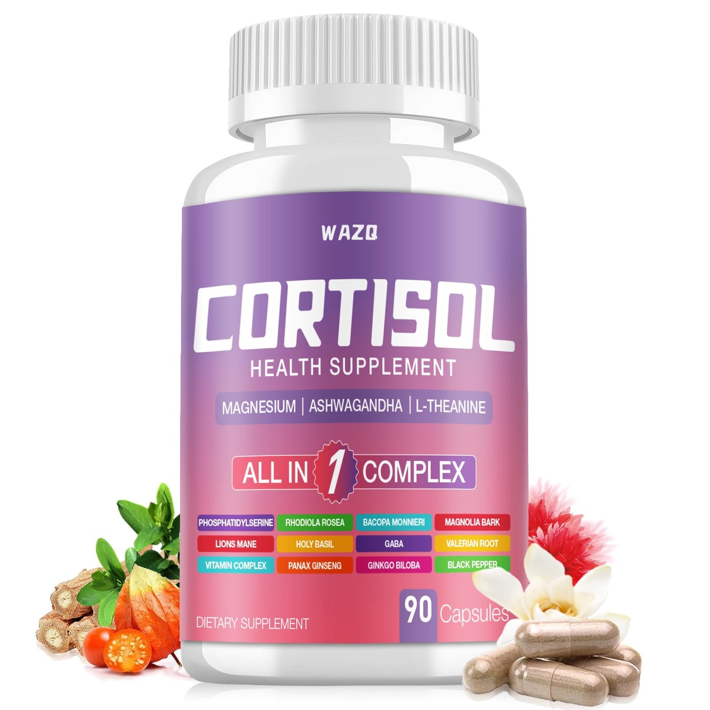 WAZQ Cortisol Supplements for Women with Magnesium, Ashwagandha & L-Theanine – 90 Capsules