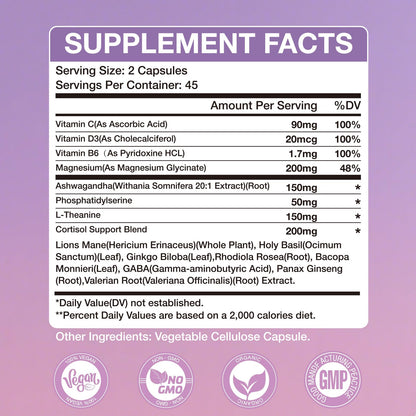 WAZQ Cortisol Supplements for Women with Magnesium, Ashwagandha & L-Theanine – 90 Capsules