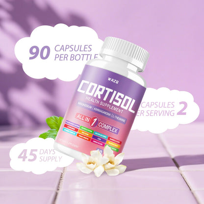 WAZQ Cortisol Supplements for Women with Magnesium, Ashwagandha & L-Theanine – 90 Capsules