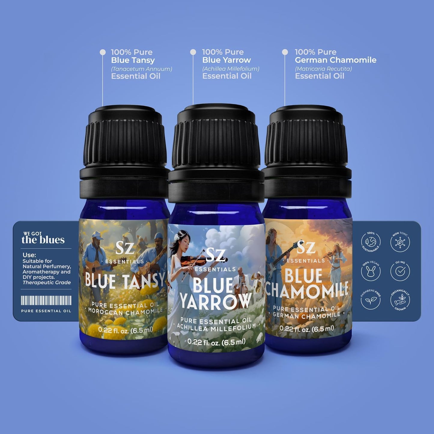 Sz Essentials – “We Got The Blues” Essential Oils Set – Blue Tansy, Yarrow & German Chamomile – 3 x 6.5ml Bottles – 100% Pure, Natural, Undiluted – Therapeutic Grade & Vegan