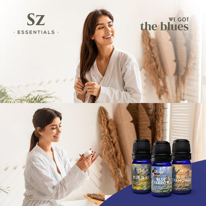 Sz Essentials – “We Got The Blues” Essential Oils Set – Blue Tansy, Yarrow & German Chamomile – 3 x 6.5ml Bottles – 100% Pure, Natural, Undiluted – Therapeutic Grade & Vegan