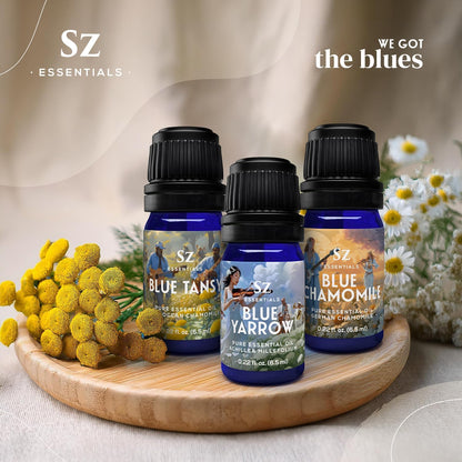 Sz Essentials – “We Got The Blues” Essential Oils Set – Blue Tansy, Yarrow & German Chamomile – 3 x 6.5ml Bottles – 100% Pure, Natural, Undiluted – Therapeutic Grade & Vegan