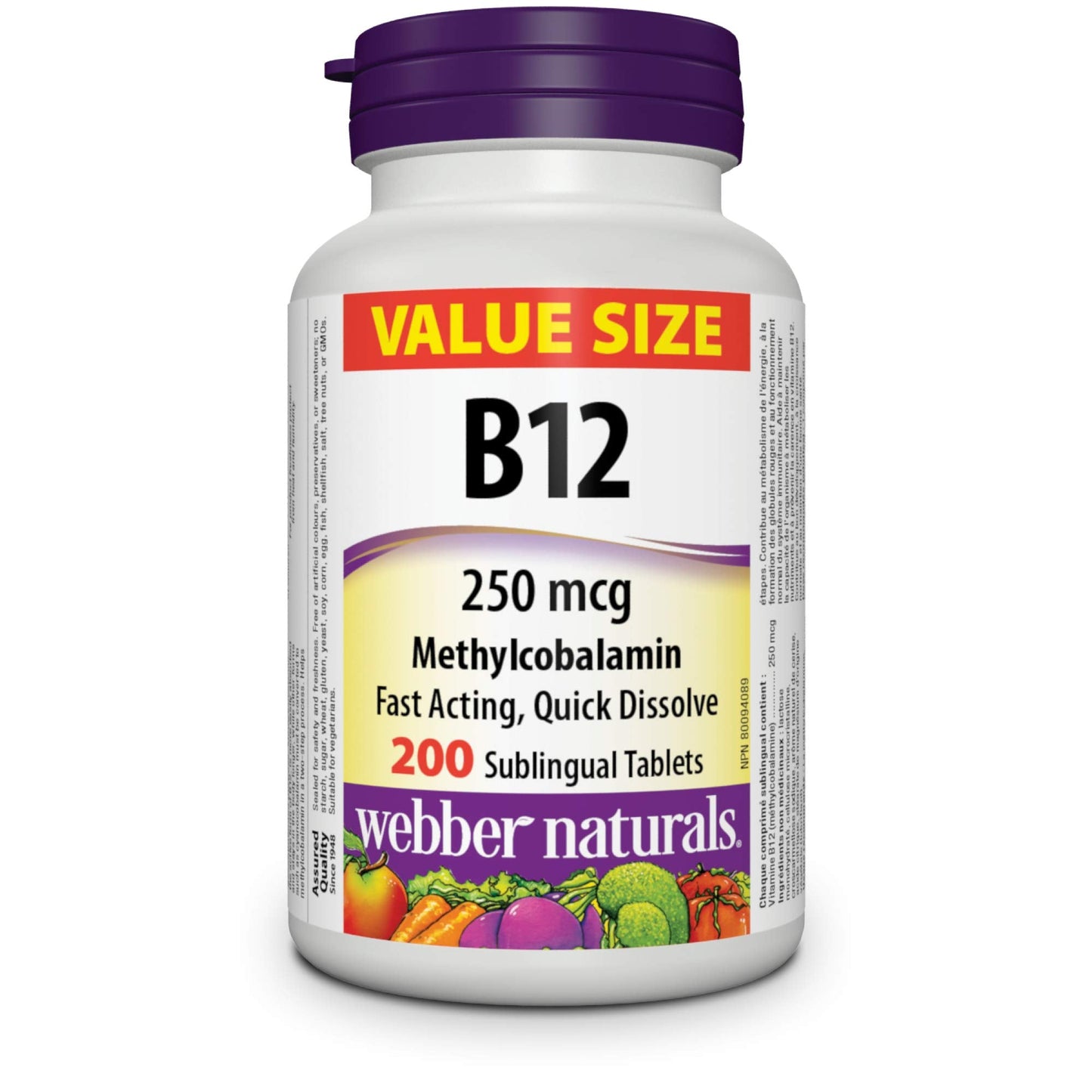 Webber Naturals Vitamin B12 250 mcg Methylcobalamin Sublingual Tablets – 200