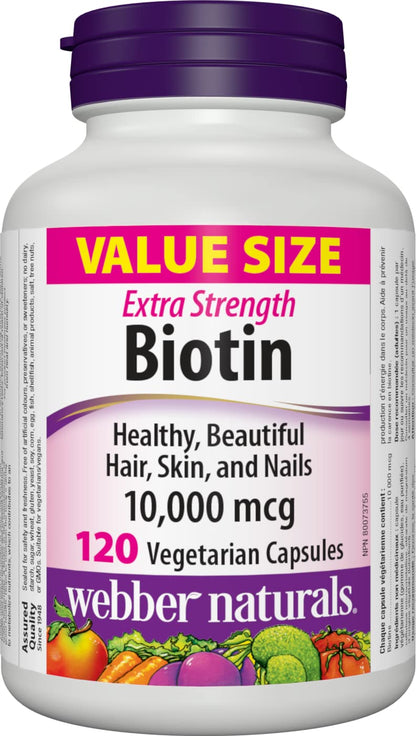 Webber Naturals Biotin 10,000 mcg Extra Strength - 120 Capsules | Non-GMO