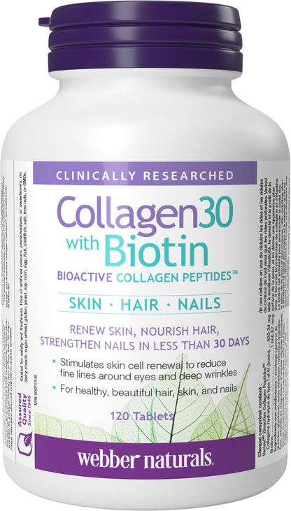 Webber Naturals Collagen30 with Biotin – 2,500 mg Bioactive Collagen Peptides + 5,000 mcg Biotin per Serving, 120 Tablets