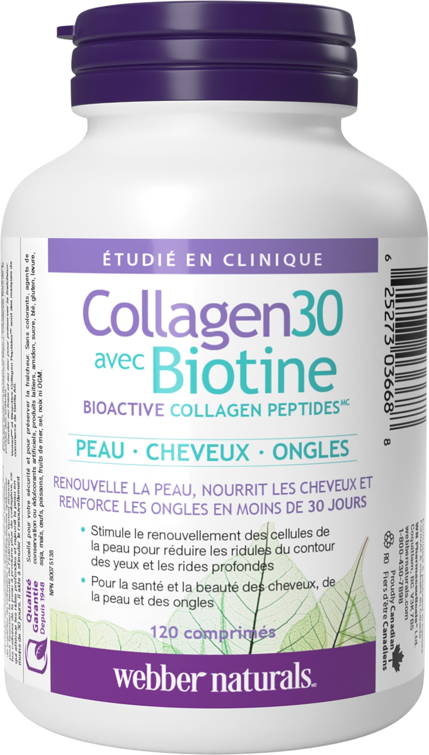 Webber Naturals Collagen30 with Biotin – 2,500 mg Bioactive Collagen Peptides + 5,000 mcg Biotin per Serving, 120 Tablets